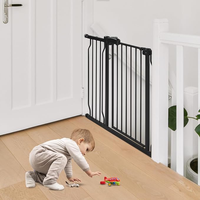 Extra Wide Baby Gate for Stairs Doorways with Door, 30" Tall 47.7-57.1" Wide Easy Install Dog Gate Indoor, Safety Metal Pressure Mounted Pet Gate with Walk-Thru Auto Close for the House, Black