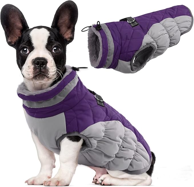 Lelepet Dog Coat Warm Dog Winter Coat Waterproof Dogs Jacket with Harness Built in Reflective Pet Fleece Vest Zip-Up Cold Weather Coats for Medium Dogs Turtleneck & Windproof Coats Dachshund Purple M