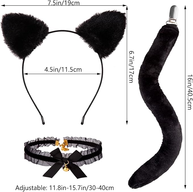 Cat Ears Headband with Tail and Bell Collar Black Cat Costumes Accessories Set Halloween Cosplay Dress Up Party for Adults Women Girls