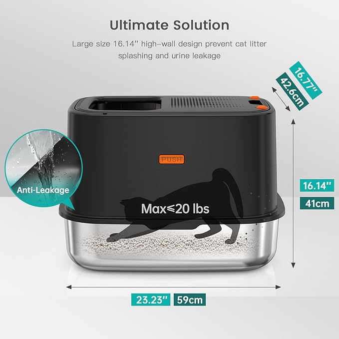 Enclosed Stainless Steel Cat Litter Box with Lid, XL Extra Large Litter Box for Big Cats, Metal Litter Pan High Sided, Never Absorbs Odors, Anti-Urine Leakage, Include Scoop (V-Black)