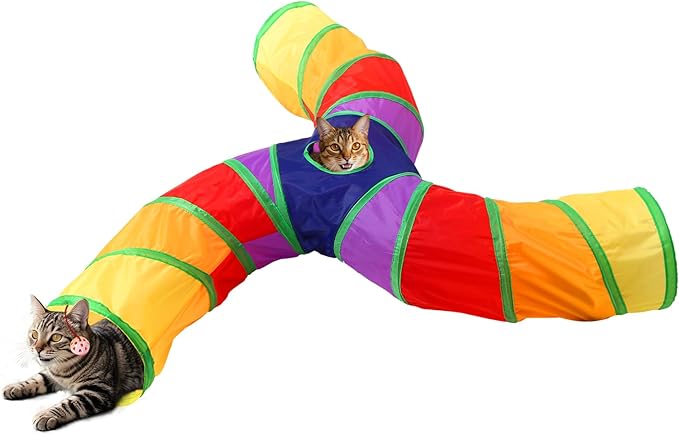 ‌Coolcandy Cat Tunnel & Interactive Cat Toy Indoor, Curved 3 Way Tunnel Toys for Indoor Cats, Collapsible Interactive Peekaboo Cave with Play Ball, for Multi-Way Play & Small Animals
