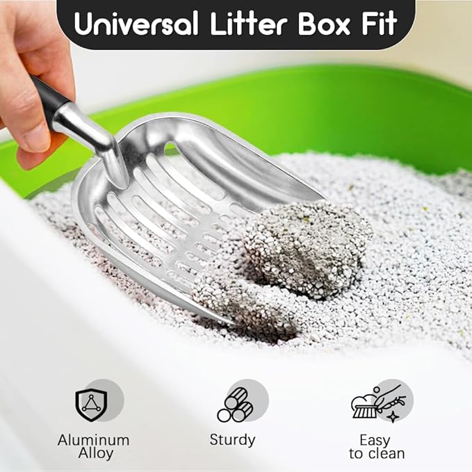 Cat Litter Scoop, Metal Cat Scooper, Plastic Handle Scoop, Sifting Shovel – Heavy Duty Aluminum Alloy Litter Box Scoop with Deep Mesh, Design for Easy Waste Removal and Cleaning(Black)