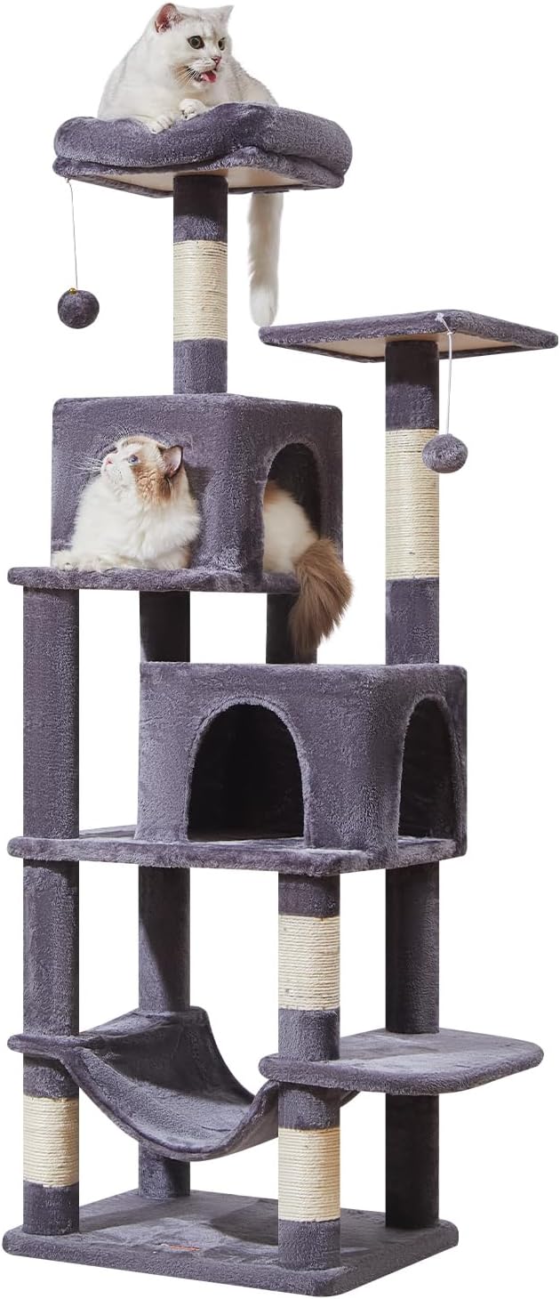 Taoqimiao Cat Tree, 61-Inch Cat Tower for Indoor Cats, Plush Multi-Level Cat Condo with 5 Scratching Posts, 2 Perches, 2 Caves, Hammock, 2 Pompoms, Smoky Gray MS013SG