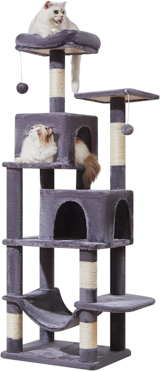 Taoqimiao Cat Tree, 61-Inch Cat Tower for Indoor Cats, Plush Multi-Level Cat Condo with 5 Scratching Posts, 2 Perches, 2 Caves, Hammock, 2 Pompoms, Smoky Gray MS013SG