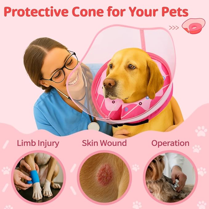 Soft Dog Cone Collar, Inflatable Donut Cones Alternative After Surgery with No-Lick Shield for Large/Medium/Small Dogs to Stop Licking, Elizabethan Neck Ecollars of Shame Comfy Pillow Recovery, Pink