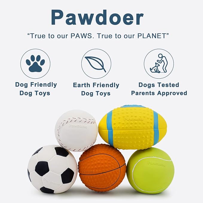 Squeaky Dog Ball, Soft Latex Rubber Squeaky Dog Toys for Small Dogs Puppies, Cute Squeak Toys Play Ball - Tennis, Soccer, Football, Basketball and Baseball 5 Pack