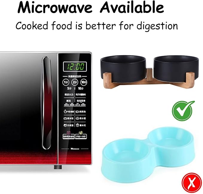 Petygooing Dog Bowls,Black Ceramic Cat Dog Bowl Set with Wood Stand for Pet Food and Water,Non-Slip Cute Modern Pet Dish Set for Cats Small and Medium Dogs (28OZ/6.1 in)