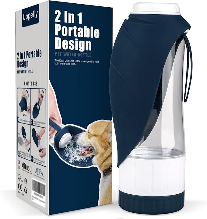 Dog Water Bottle, Portable Pet Water Bottle with Food Container and Drinking Feeder, Leak Proof, BPA-Free, Foldable Puppy Water Cup Dispenser for Outdoor Walking, Travel, Hiking 20OZ