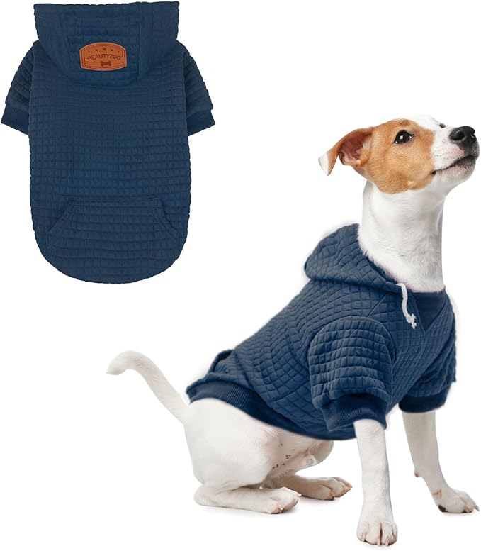 BEAUTYZOO Small Dog Hoodie Sweater with Pockets, Dog Clothes for Small Medium Dogs Boy Girl, Waffle-Like Laminated Cotton Pet Coats with Hat and Leash Hole, Navy Blue XS