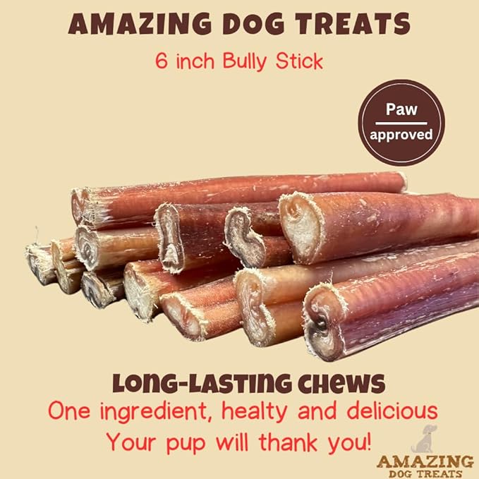 Amazing Dog Treats - 6 Inch Medium Size Bully Sticks (100 Count) - Bulk Bully Sticks for Dogs - No Hide Bully Stick Dog Bones