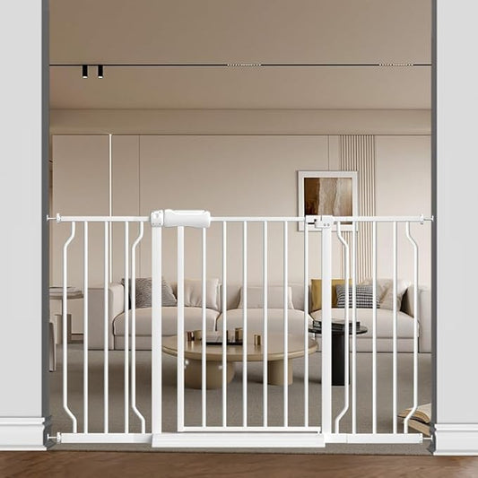 TSAYAWA Walk Through Baby Gate with Door, 48.1-52.7 Inch Wide Presure Mounted No Drill Metal Auto Close Child Gate for Stair Doorway - Indoor Outdoor Safty Gate for Toddler Dog Doggie, White