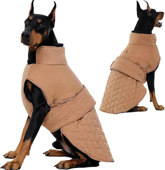 Outdoor Classic Quilted Upgraded Dog Winter Coat, Waterproof & Ultra Warmth Coats for Large Dogs, Lightweight Jackets Adjustable, Pet Turtleneck Snowsuit for Labrador Dalmatian(Khaki, 2XL)