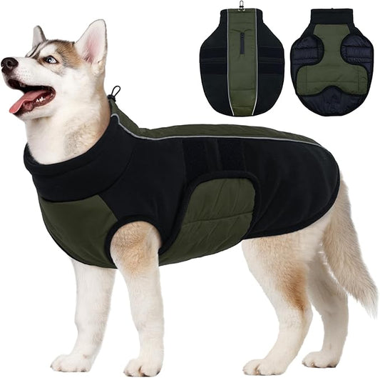 Kuoser XXXL Dog Coat, Dog Jackets for Large Dogs, Reflective Pet Winter Coat Cold Weather Coats, Doggie Snow Jacket Warm Apparel Clothes for Great Dane, Green XXXL