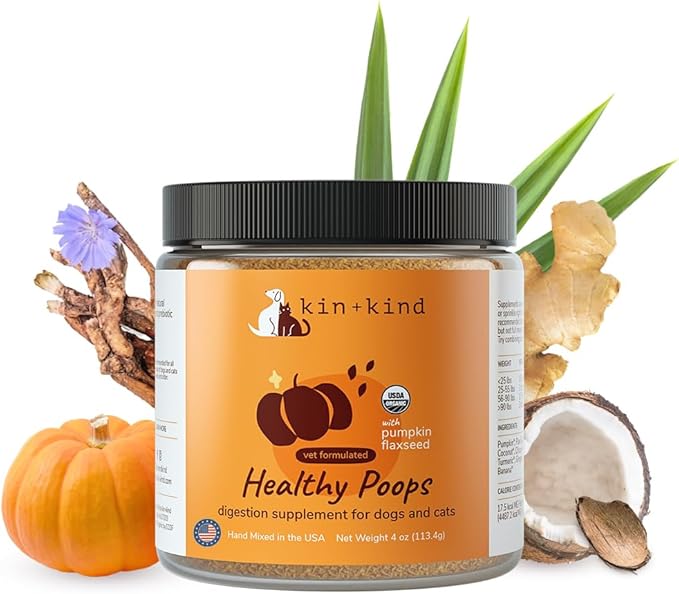 kin+kind Organic Fiber for Dogs&Cats - Pumpkin Boost for Healthy Poops - Digestive Health - Flax Seed, Ginger, Turmeric and Coconut - Made in USA - 4 oz (Medium)