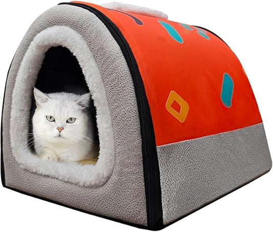 Cat Bed or Dog Bed,2 Ways to Use,Indoor Pet House with Fluffy Mat,Removable and Washable Cover,Splash-Proof House and Non-Slip Bottom,for Cats and Small Dogs(S Orange & Gray)