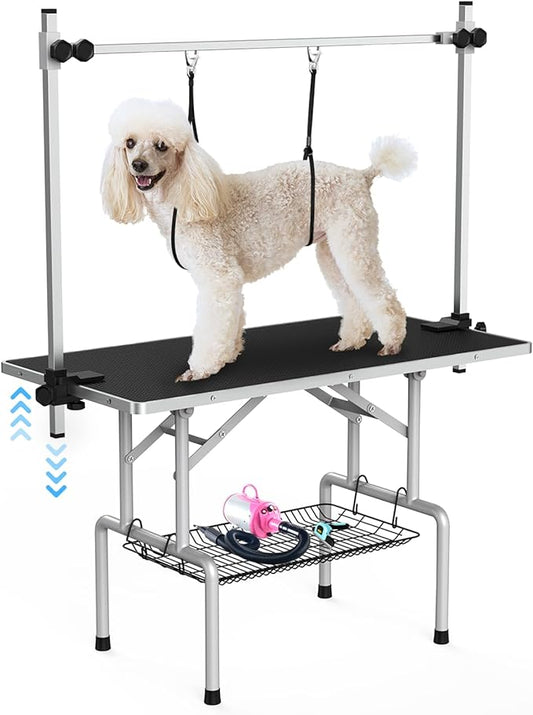 42''Large Dog Grooming Table, Adjustable Cat Drying Desktop with Arms, Nooses, Mesh Tray, Foldable Pet Station at Home, Maximum Capacity Up to 330Lb, 42inch, Black
