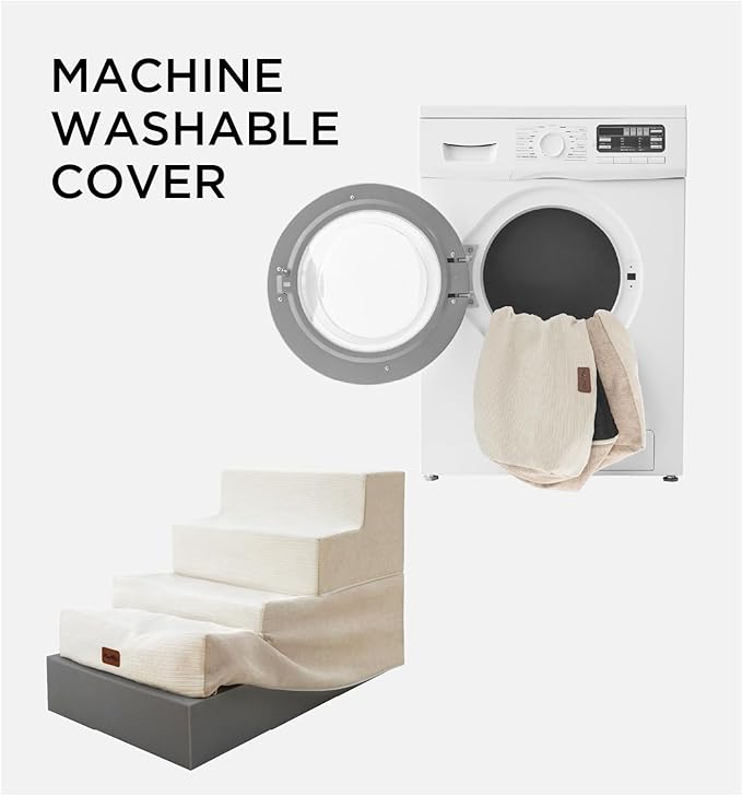 Made4Pets Dog Stairs for Small Dogs, Extra Wide Dog Steps for Bed Couch Sofa and Chair, 35D Foam Pet Steps for Small Dogs and Cats(Up to 40lbs), Non-Slip Bottom Pet Stairs, Beige, 3 Steps