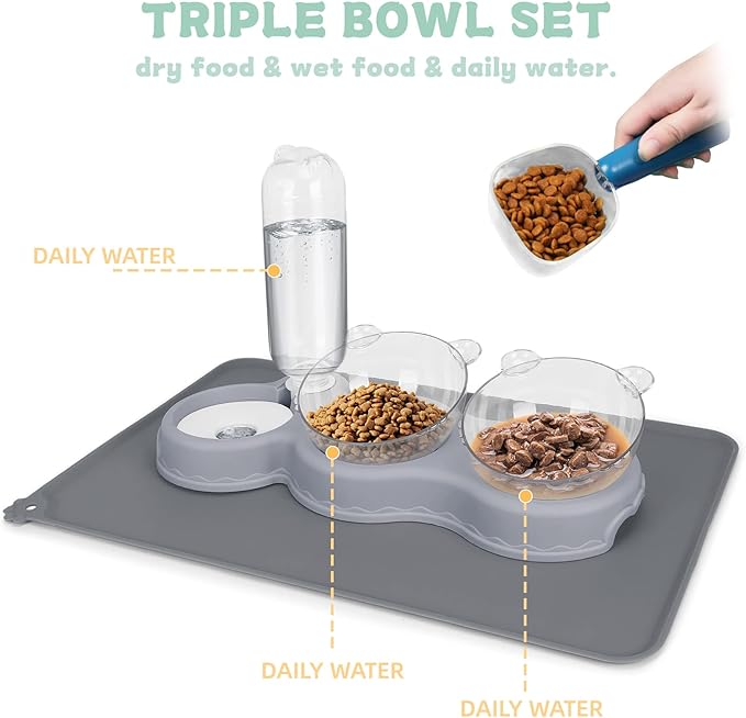 Triple Cat Bowls for Food and Water, YECERCAN Plastic Raised Cat Bowls with Automatic Water Bottle & Waterproof Mat for Cats/Small Dogs, 3 in 1 Pet Feeder for Wet/Dry Food