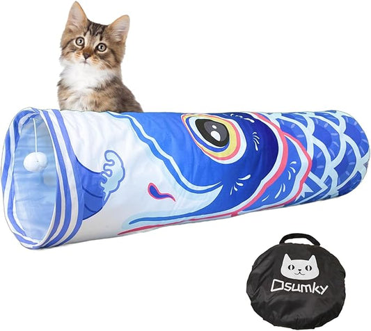 Cat Tunnel for Indoor Cats Interactive, Collapsible Tube for Cats Kittens Rabbits Puppies Crinkle Pop Up,10'' Dia, 36'' L,Blue