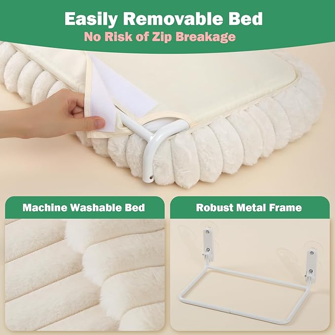 Zakkart SnugCloud Foldable Cat Window Perch - Cordless, Ultra Soft Machine Washable Bed with 4-Sided Bolster, Metal Frame - Window Hammock for Large Cats and Kittens (Cream White, Medium)