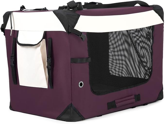Large Cat Carrier, Collapsible Dog Travel Crate Portable Soft-Sided Pet Carrier with Super Soft Warm Plush Mat for Indoor and Outdoor 24x16x16in,Purple
