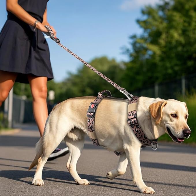 TSPRO Heavy Duty Premium Tactical Dog Harness for Large Dogs, No Pull, Adjustable Fit, Quick-Release Buckle, Padded Handle, Perfect for Hiking, Walking, Running & Training (Leopard Print L 25)