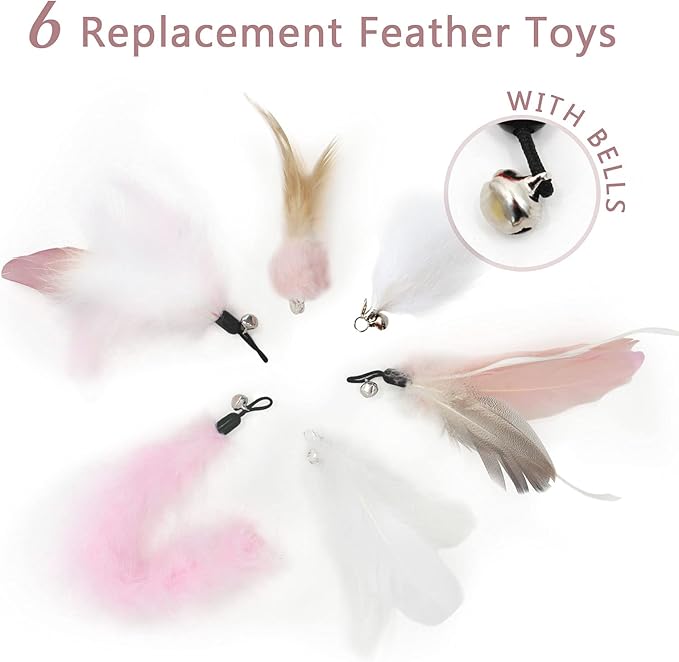 SONGWAY Interactive Cat Feather Toy Set - Retractable Teaser Wand with 6 Pcs Feather Refills with Bell, Cat Wand Toys for Indoor Cats Kittens Play Chase Exercise, Light Pink
