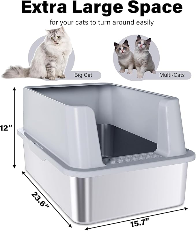 Stainless Steel Litter Box, XL Extra Large High Sided Metal Cat Litter Box with Lid and Scooper, Easy Clean, Non Stick & No Smell-24"x16"x12"