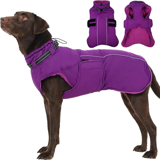 Dog Jackets for Large Dogs, Waterproof Winter Coat with Harness Built-in, Reflective Adjustable Hook&Loop Snow Jacket, Warm Fleece Snowsuit for Dogs Pit Bull Weimaraner Boxer, XXL Purple