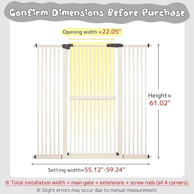 Lumizone Extra Tall Cat Gate 61.02" High Pressure Mounted Extra Wide 55.12"-59.24" (17Sizes) 1.37" Gap No Drilling Auto-Close Tall Pet Gate for Dogs (Cream, 55.12"-59.24"/140-150cm)