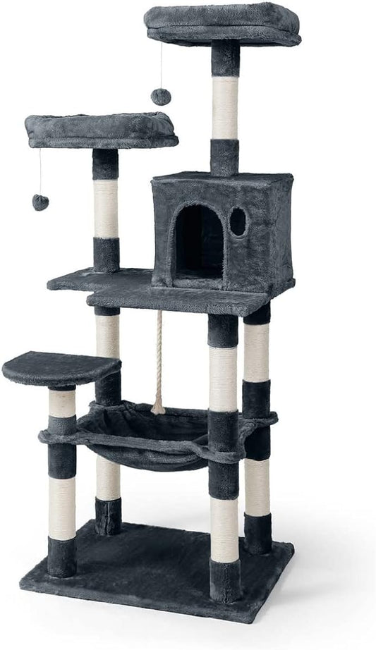 CAPHAUS Extra Wide, Tall Cat Activity Tree w/Two Top Perch, Scratching Posts, Multi-Level Play Tower for Cute Indoor Cats, 58-Inch Modern Cat Tree w/Cat Cave Condo, for Large Cats Kittens
