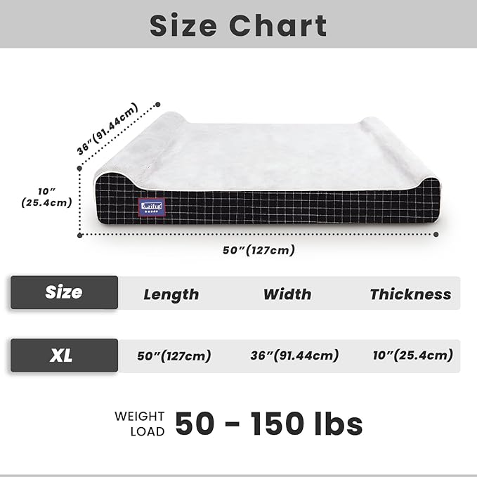 Laifug Orthopedic Memory Foam Extra Large Dog Bed with Pillow and Durable Water Proof Liner & Removable Washable Cover & Smart Design (Jumbo (50"x36"x10"), Black Grid Gray)