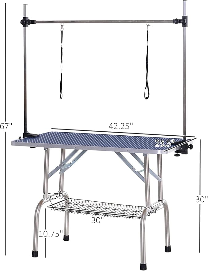 42 Inch Dog Grooming Table, Adjustable Height Pet Grooming Table with Armrest, Ropes and Mesh Tray, Suitable for Home and Dog Washing Station