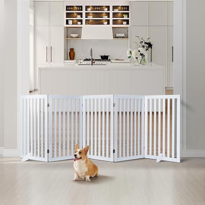 unipaws 36”H Free Standing Pet Gate for Dog and Cat, Tall Wooden Dog Gates for Doorway, Stairs, Doggy Room Divider, Foldable Pet Fence for The House, Expandable Doggy Barrier, Indoor Use, White
