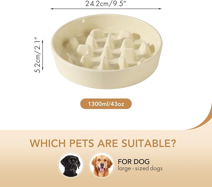 Ceramic 9.5 inch Dog Bowl Slow Feeder, Slow Pet Food Dish for Large Dog, Stop Bloat, Preventing Choking(Single Bowl, Beige)