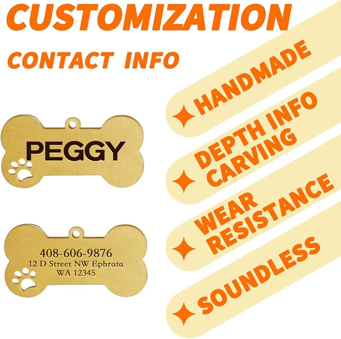 Dogs ID Tags Personalized Double Sided Deep Engraved Cat & Dog Collar Charm Bone Shape Brass