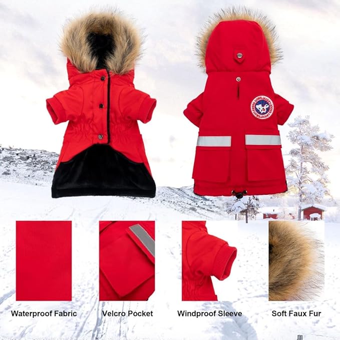 PINA Small Dog Coats - Waterproof & Windproof Dog Jacket, Winter Coat with Flannel Lining & Faux Fur Hood