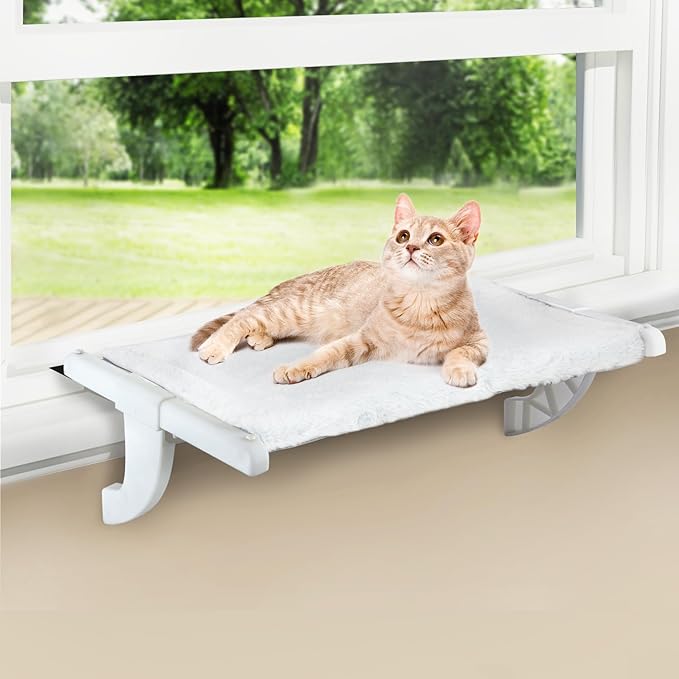 Window Sill Mount Cat Perch for Indoor Cats, One-Step Sliding Clamping Slot Adjustment Cat Hammock with Washable Cover, No Suction Cups Pet Bed for Windowsill & Bedside (Large)