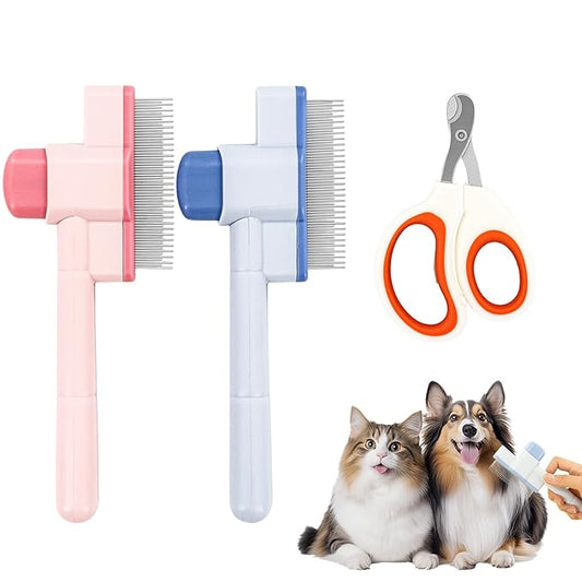 3PCS Flea Comb for Cats and Dogs Self-Cleaning Pet Flea Comb Grooming Brush with Pet Nail Clipper