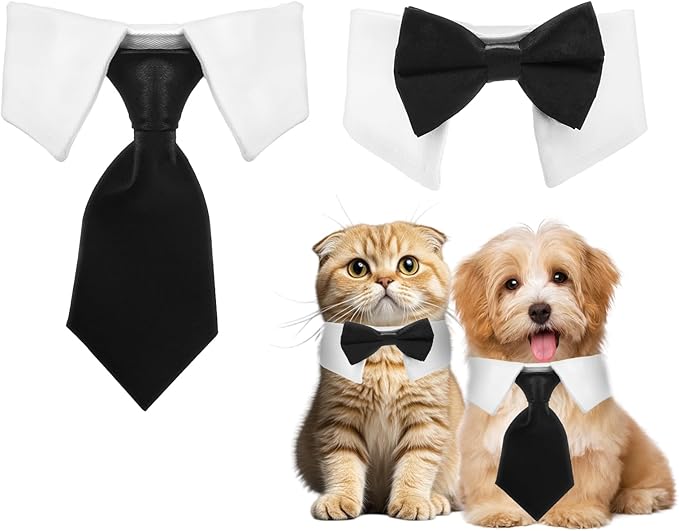 2 Pack Dog Cat Tuxedo Collar Cute Tux Puppies Dog Bowtie Cat Bow Tie Tux Collar Adjustable Formal Pet Cats Necktie for Dogs Cats Birthday Wedding Costumes