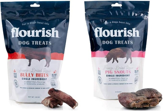 Flourish Pets Freeze Dried Raw Pet Treats for Dogs (Bully Bites & Pig Snouts, 2-Pack)