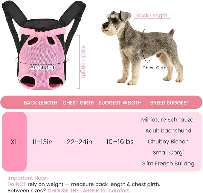 Dog Backpack Carrier, Pet Sling Front Backpack for Small Medium Dogs 10-16 Lbs, Legs Out, Adjustable Wearable Puppy Chest Travel Bag, Thick Straps & Cushion, Easy-Fit for Hiking/Walking/Camping