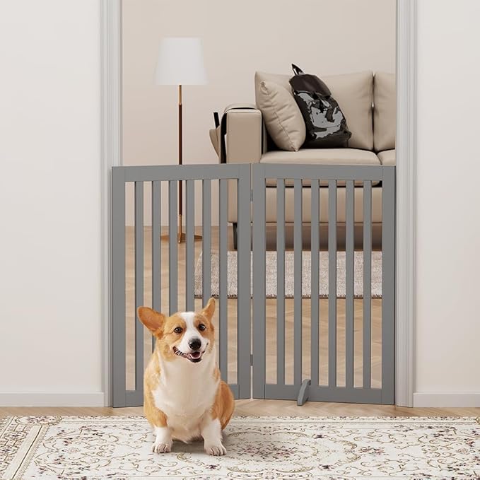 unipaws 36”H Free Standing Pet Gate for Dog and Cat, Wooden Dog Gates for Doorway, Stairs, Room Divider, Step Over Foldable Pet Fence for The House, Expandable Barrier, Indoor Use, Grey
