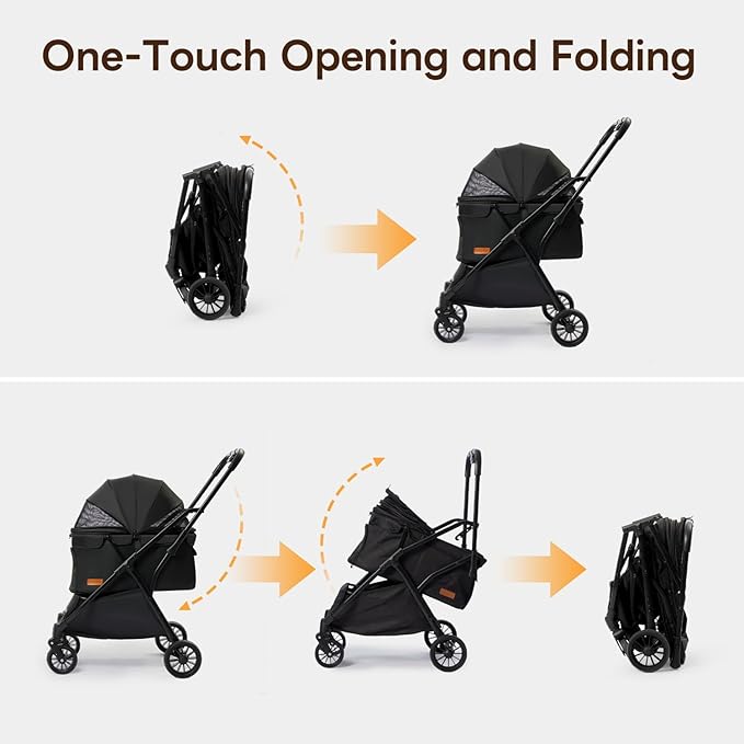 PETTENA Foldable Pet Stroller,4 Wheels Pet Strolling Cart for Small Dogs Cats up to 44 Lbs, Pet Travel Carrier Strolling Cart with Storage Basket, Portable Dog Cat Stroller with Breathable Mesh, Black