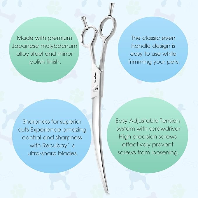 Dog Cat Scissors for Grooming, Pet Shears for Thick Coats and Matted Hair, Thinner Curved Straight Chunker Stainless Steel Shears (8.0" Curved Silver)