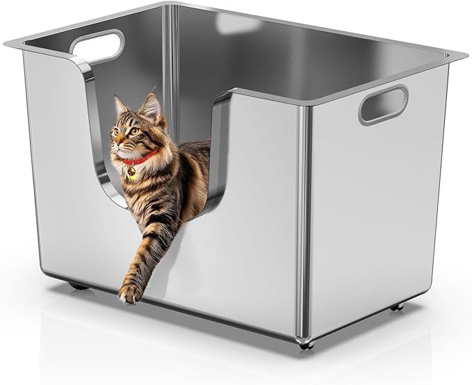 Stainless Steel Cat Litter Box 11.8” High Sides, Large Metal Litter Box with Low Entry for Big Cats, Leak-Proof Pet Toilet Kitty Litter Pan with Wheels for Mobility, Easy to Clean & Non-Stick