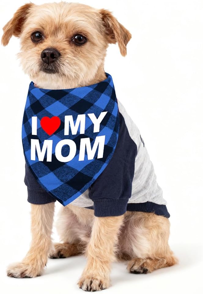 GreenJoy Cute Plaid Dog Bandana – Washable Pet Triangle Scarf for Small, Medium, Large Dogs and Cats, Adjustable Pet Accessory for Birthday, Wedding and Christmas (Blue (I Love My Mom), Large)