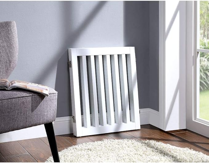 unipaws 24”H Free Standing Pet Gate for Dog Cat, Wooden Gates for Doorway, Stairs, Step Over Foldable Pet Fence for The House, Expandable Dog Barrier, Indoor Use, White