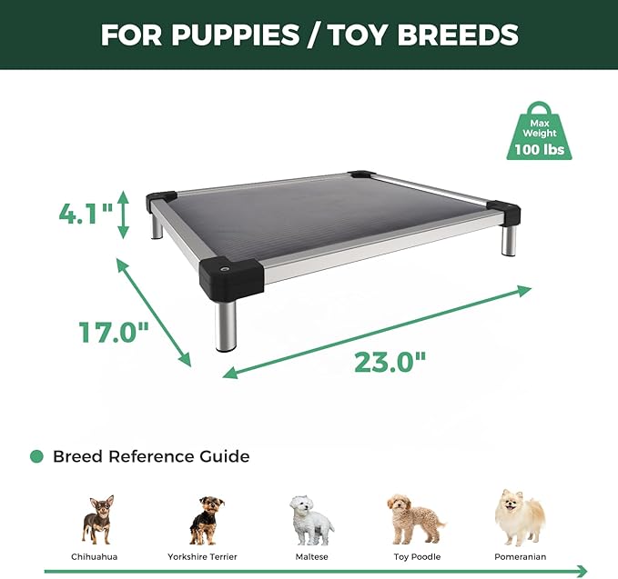 FXW TitanNest Chew-Proof Elevated Dog Bed, Raised Cot for Indoor/Outdoor/Camping Use, Durable & Washable Padded Pet Bed for Toy Dogs, 23.0" L x 17.0" W x 4.5" H, Gray