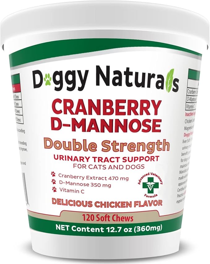 Cranberry D-Mannose for Dogs and Cats Urinary Tract Infection Support Prevents and Eliminates UTI, Bladder Infection Kidney Support 11.4 oz (Double Strength Soft Chew, 120 Soft Chew)